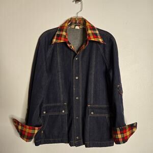 Vintage Denim + Flannel Collar Cargo Chore Jacket Size M Barn Farm Country Plaid